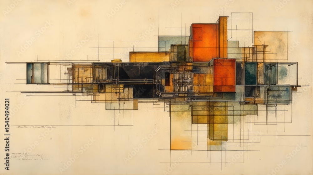 Poster abstract architectural sketch features linear details and geometric forms