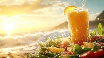 Refreshing Citrus Juice by the Seaside at Sunset's Endview of the Ocean Waves and Coastline on a Summer's Day