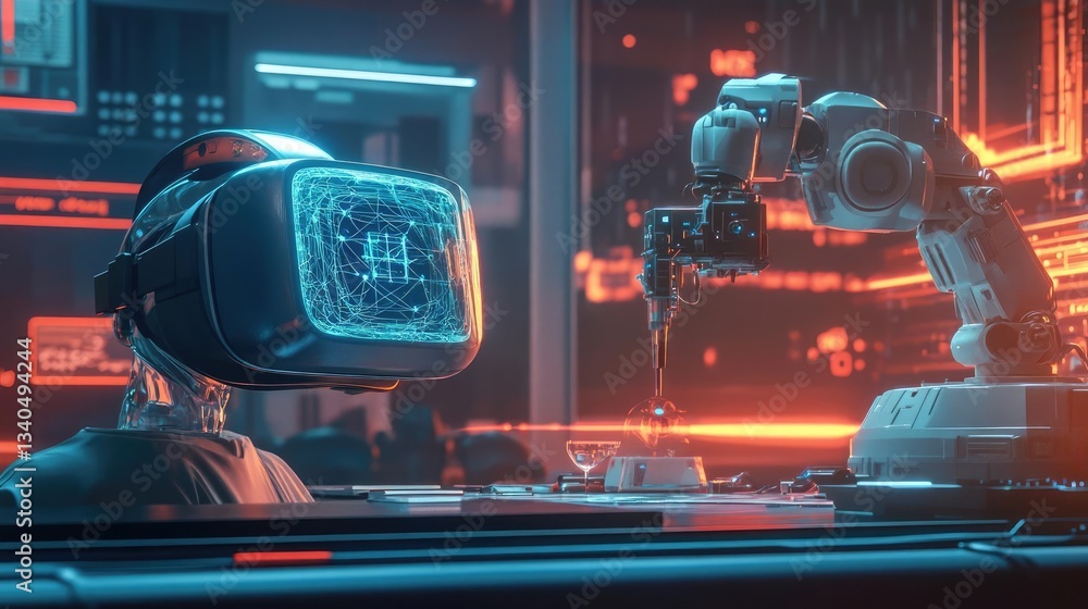 Poster robotic arm assisting virtual reality headset user in futuristic environment