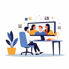 Obraz premium Remote collaboration via video call in a modern home office, teamwork