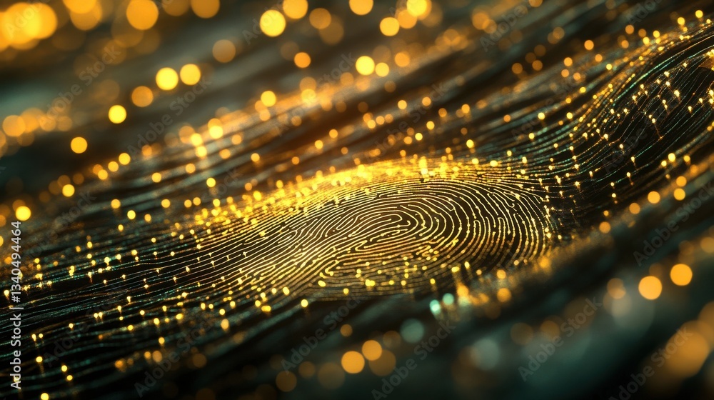 Poster digital data stream representing biosecurity, flowing from fingerprint, abstract visualization, cybe