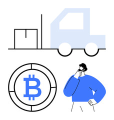 Package near truck symbolizes logistics Bitcoin suggests cryptocurrency thoughtful person conveys decision-making. Ideal for finance, trade, innovation, technology, blockchain, investment, logistics