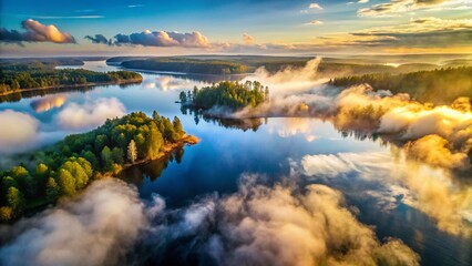 Obraz premium Misty Water Vapor Swirling Above Calm Lake - Aerial Drone Shot