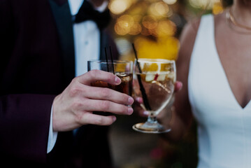 Couple clinking glasses at wedding reception