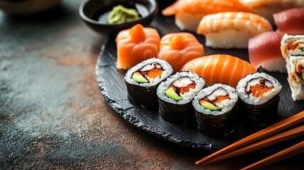Brown background and sushi serving sushi rolls set for two
