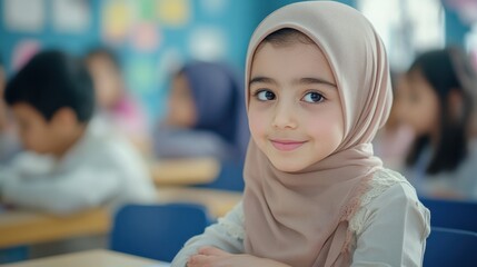 Young arab girl with hijab doing exercise with her bestfriend at international school. Asian muslim school girl sitting near her classmate during lesson. Multiethnic elementary students in classroom.