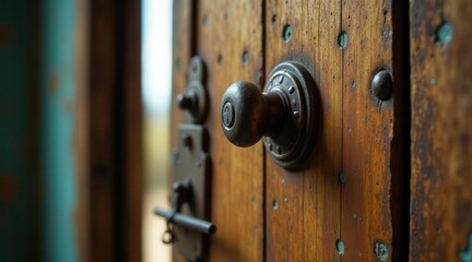 Fototapeta premium A weathered wooden door with an antique metal knob and latch, hinting at forgotten stories and bygone eras