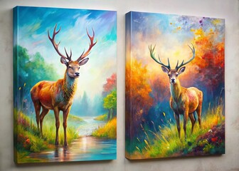 Modern Abstract Oil Paintings & Deer Landscape Canvas Art for Home Decor