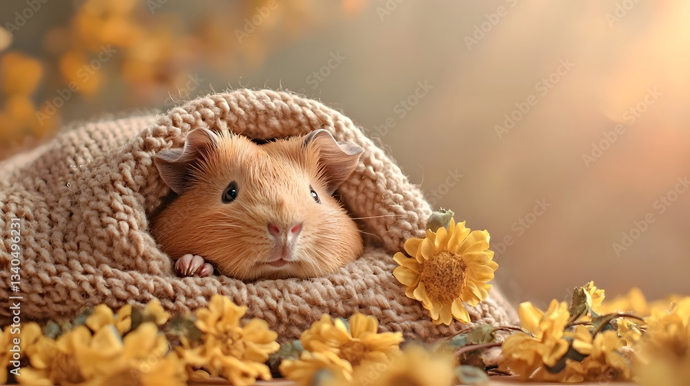 Poster Closeup of a peaceful and cozy guinea pig resting on a soft fluffy blanket with ample copy space for text overlay or design elements