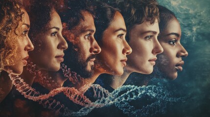 Diverse group of people with dna strands, symbolizing genealogy and genetic heritage.