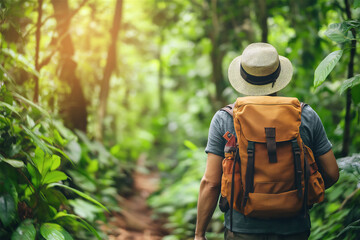 Naklejka premium Person with orange backpack and white hat walking on forest trail with sunlight. Rear view of hiker exploring woodland path surrounded by lush green vegetation in natural sunlit environment.