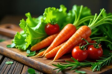 A vibrant arrangement of freshly harvested carrots, plump red tomatoes, and crisp green lettuce leaves rests on a rustic wooden cutting board, suggesting a healthy and delicious meal