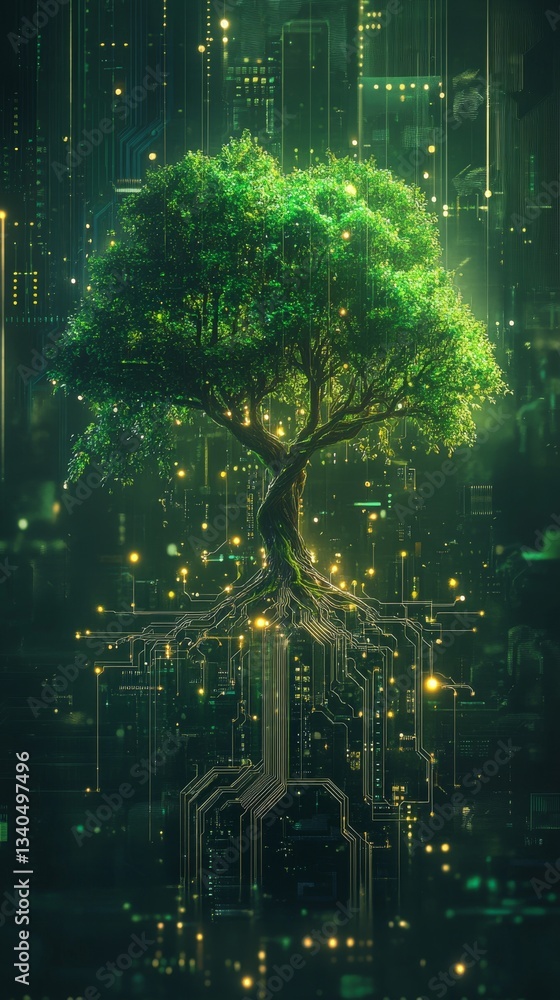 Poster tree merging with circuit board, green glowing visuals. nature and technology fusion