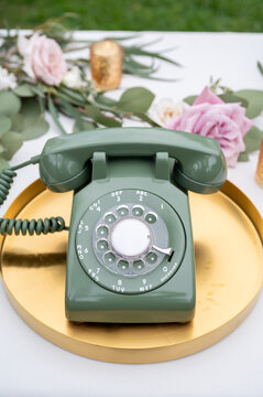 Vintage Green rotary phone, audio guestbook at wedding reception