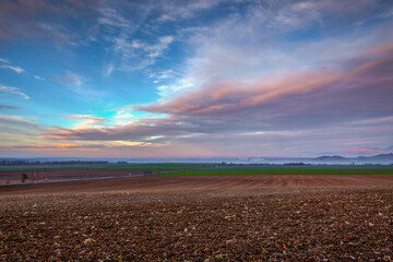 Autumn morning landscape over the city of Louny.