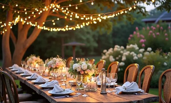 Elegant Outdoor Dinner Table with String Lights in a Beautiful Garden Setting