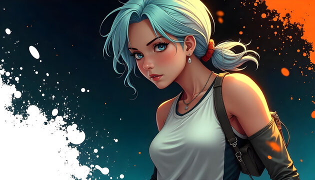 A white woman with blue hair, 23 years old, looking to the left with a gun in her shoulder