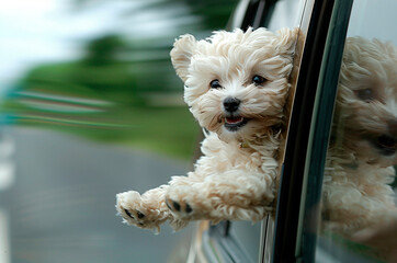 White Dog looks out of car window at speed