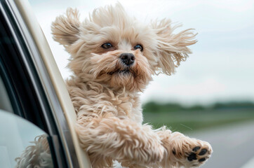 White Little Dog looks out of car window at speed