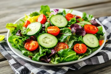 Fresh mixed greens salad on plate on wooden table