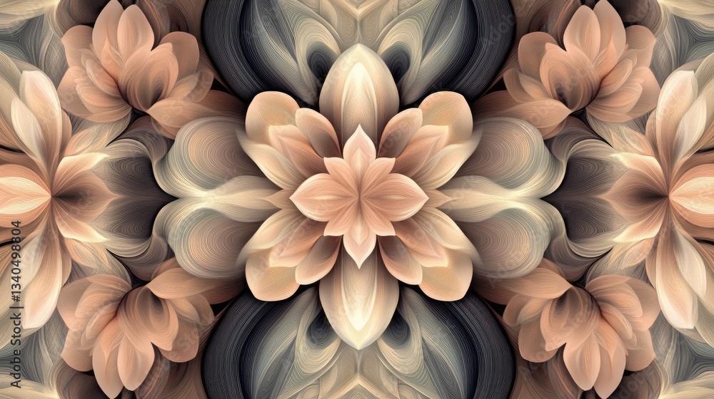 Fototapete Symmetrical Beige And Brown Floral Pattern Design with Abstract Details. A Calm and Stylish Pattern Background. For Wall Decor or Fabric Design. Also Suitable for Digital Art or Graphic Design