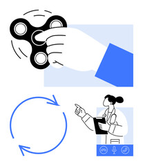 Hand interacting with fidget spinner, looping arrows symbolizing repetition, doctor with clipboard giving advice through teleconference. Ideal for focus, stress relief, health, virtual consultation