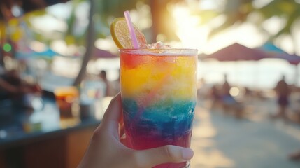 Person is holding a colorful drink with a straw in it