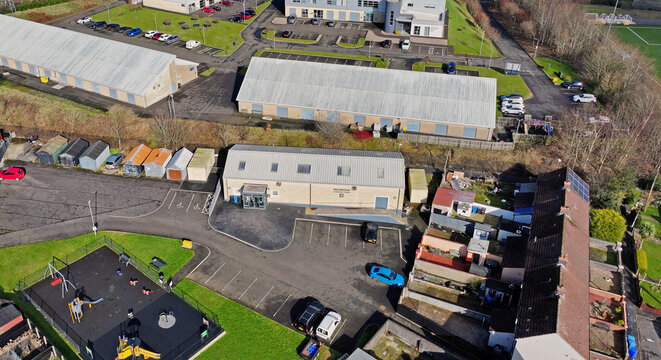 Aerial video of Millbrook Ontario Community Centre in Millbrook Larne Town Co Antrim Northern Ireland