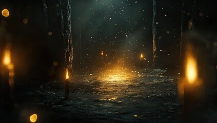 Candles illuminate dark cave, mystical scene