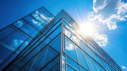 Modern glass skyscraper, bright sunny day, city view, architectural design, stock photo