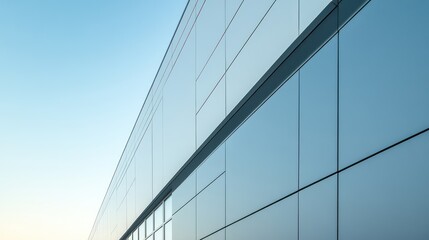 Modern building facade, angled view, clear sky background, architectural design, suitable for commercial use
