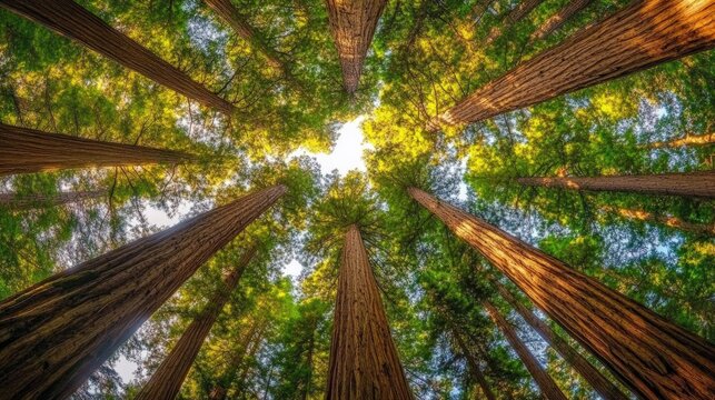 Forest with tall trees and a clear blue sky - Powered by Adobe