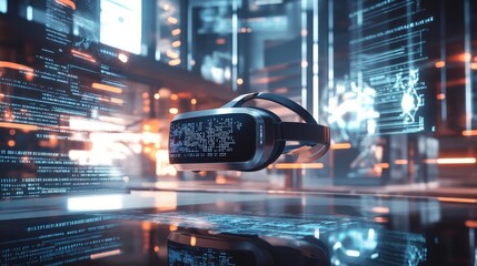 Virtual Reality Headset in Futuristic Digital Cityscape