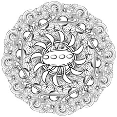 Outline mandala with UFO and space objects, creative coloring page for kids and adult activity