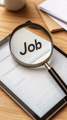 Magnifying Glass Focusing on Job Application on Tablet Screen  