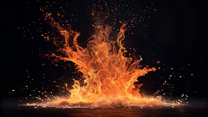 Fototapeta premium Inferno Eruption: A dynamic explosion of vibrant flames and fiery sparks dances against a dark backdrop, creating a dramatic and captivating visual effect. 