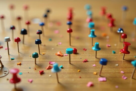 Colorful pushpins scattered on a wooden surface, suggesting a concept of interconnectedness and diverse ideas.