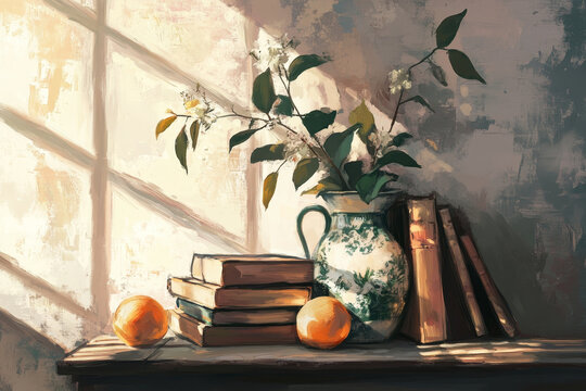 Sunlit still life:  Oranges, books, and flowering branches in a vintage pitcher