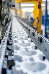 Obraz premium Rows of molded parts line the conveyor. Each piece is checked for smooth edges