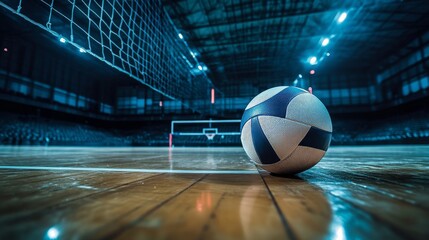 Close-up of white volleyball and net on indoor court during competitive volleyball match, ideal for team sports, athletic training, and indoor gymnasium concepts




