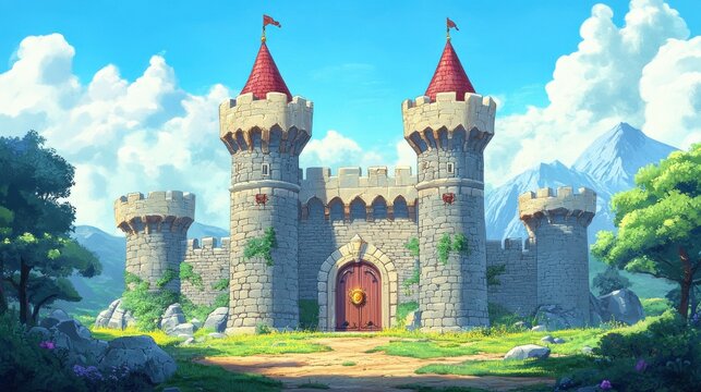 Fantasy medieval castle illustration featuring a stone palace ancient tower and ornate entrance gate designed in a 2D cartoon style suitable for games or graphic projects