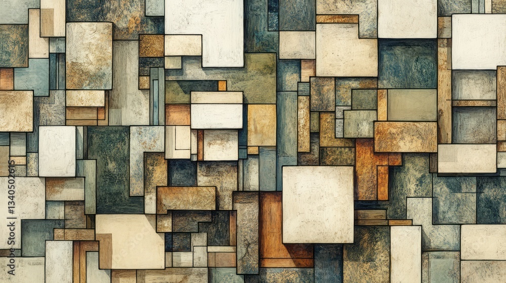 Poster geometric pattern with various colored rectangles and squares is featured
