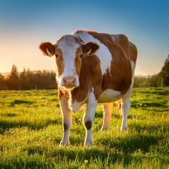 A peaceful cow grazes on fresh green grass in a sunny pasture, its gentle eyes reflecting the calm of the farm