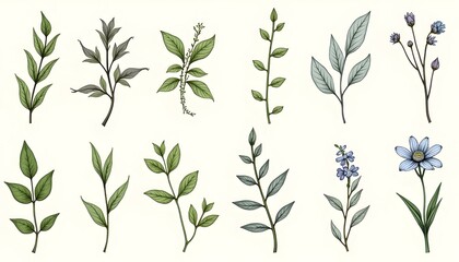 Set of hand-drawn botanical illustrations featuring different types of leaves, herbs, and flowers