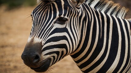 Fototapeta premium Zebra portrait, African savanna, wildlife, close-up, nature background, animal photography