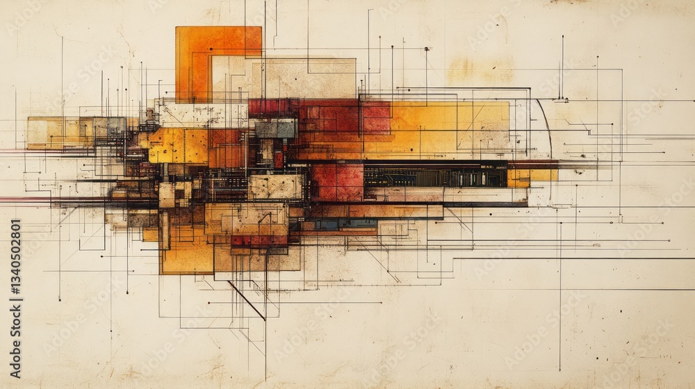 Poster geometric shapes and lines intertwine creating an abstract industrial design