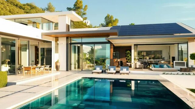 Large swimming pool near modern large villa house
