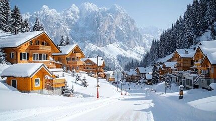Snowy Alpine Village, Ski Resort, Sunny Day, Tourist Destination, Perfect Winter