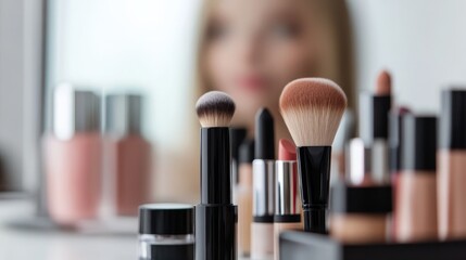 Makeup tools and cosmetics arranged on a vanity with a blurred model in the background during a makeup session