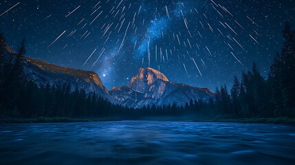 Yosemite Valley at Night with Meteors and Milky Way